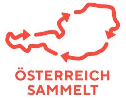 Logo der Initiative &Ouml;sterreich Sammelt, rote Pfeile bilden die Umrisse von &Ouml;sterreich und darunter steht &Ouml;sterreich sammelt