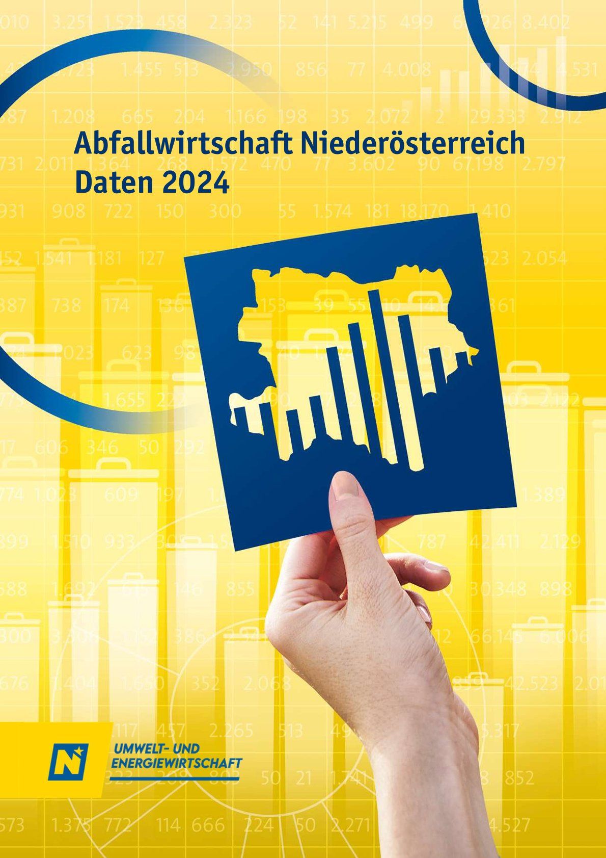 Titelseite des gedruckten Abfallwirtschaftsberichtes 2024 des Landes Nieder&ouml;sterreich in den Farben gelb und blau gehalten.