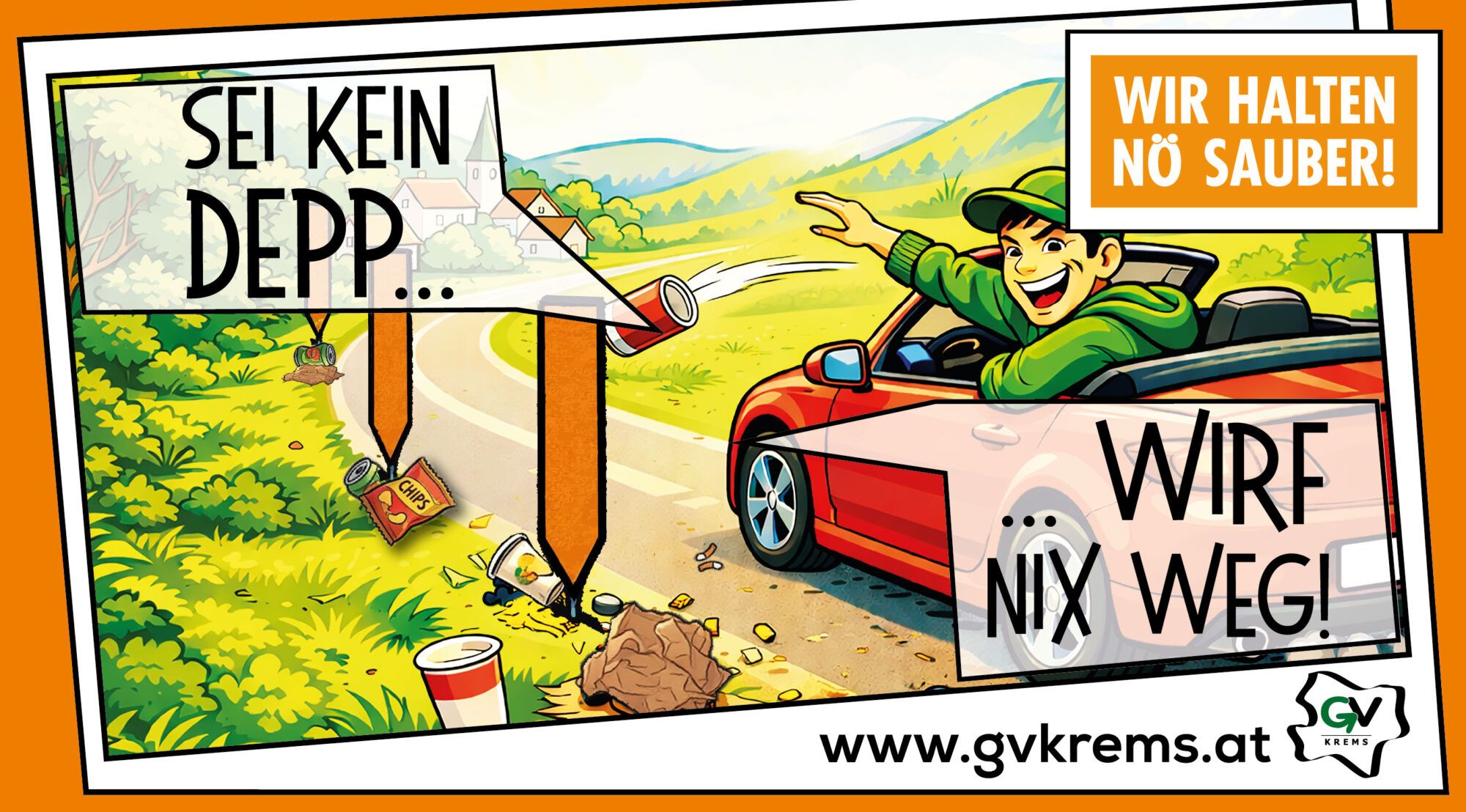 Sujet der Kampagne, gezeichnet wie ein Comic, rotes Cabrio f&auml;hrt auf einer Stra&szlig;e in dem ein Mann mit gr&uuml;ner Kappe sitzt und eine Dose aus dem Auto wirft