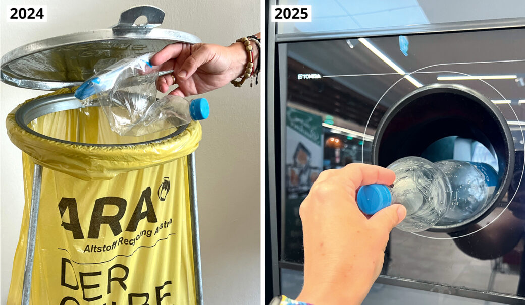 Situation 2024 und 2025 gegenübergestellt - Hand wirft zusammengedrückte PET-Flasche in Gelben Sack und Hand schiebt nicht zerdrückte PET-Flasche in Pfandautomaten