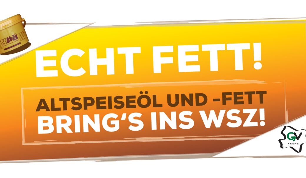 Werbe-Transparent in gelb und orange zum NÖLI mit Text, abgebildetem NÖLI-Kübel und GV Krems Logo