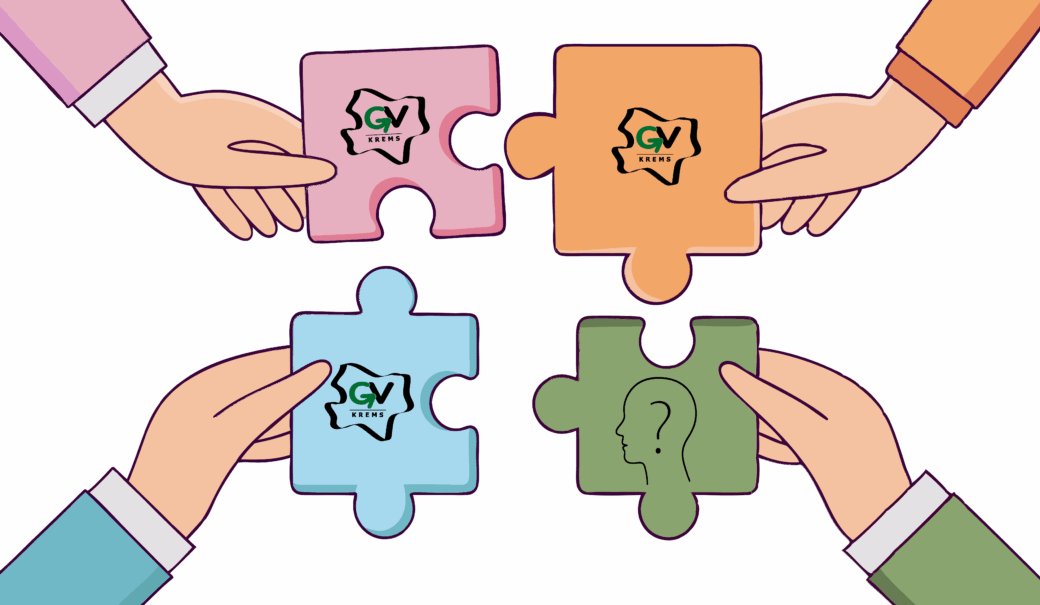 Zeichnung von 4 Puzzle-Teilen, die jeweils von einer Hand gehalten werden, die Farbe der Puzzle-Teile ist gleich wie die Bekleidung des Armes