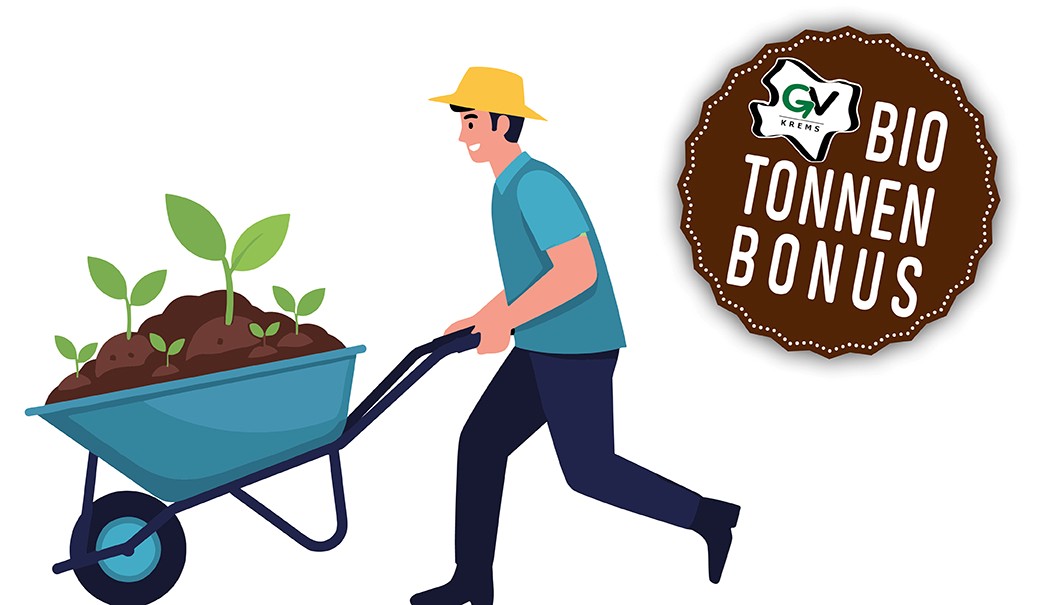 Gezeichnetes Bild bestehend aus Mann, der einen Hut auf hat, und eine Scheibtruhe beladen mit Erde schiebt. Rechts oben ist ein Stempel in brauner Farbe auf dem 