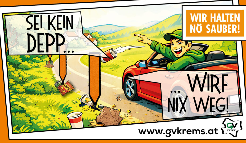 Sujet der Kampagne, gezeichnet wie ein Comic, rotes Cabrio fährt auf einer Straße in dem ein Mann mit grüner Kappe sitzt und eine Dose aus dem Auto wirft