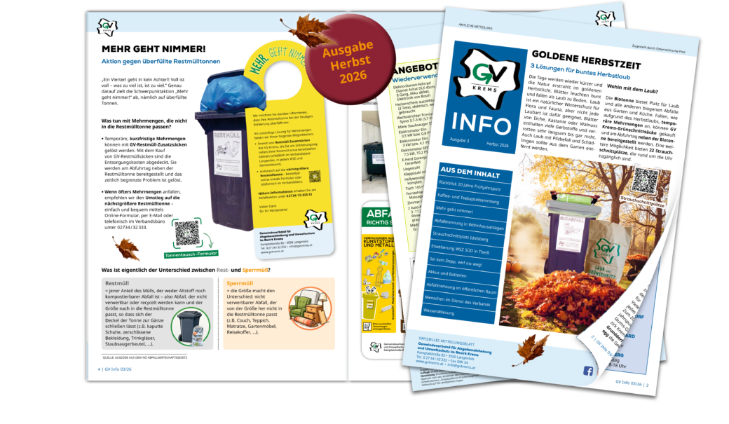 Titelseite und aufgeblätterte Innenseiten der Verbandszeitung " GV Info" des GV Krems