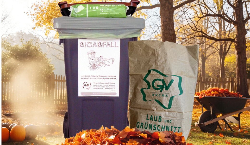 Biotonne und Zusatzsack stehen hinter einem Laubhaufen in einem Garten, im Hintergrund sieht man Bäume, eine Scheibtruhe und Kürbisse